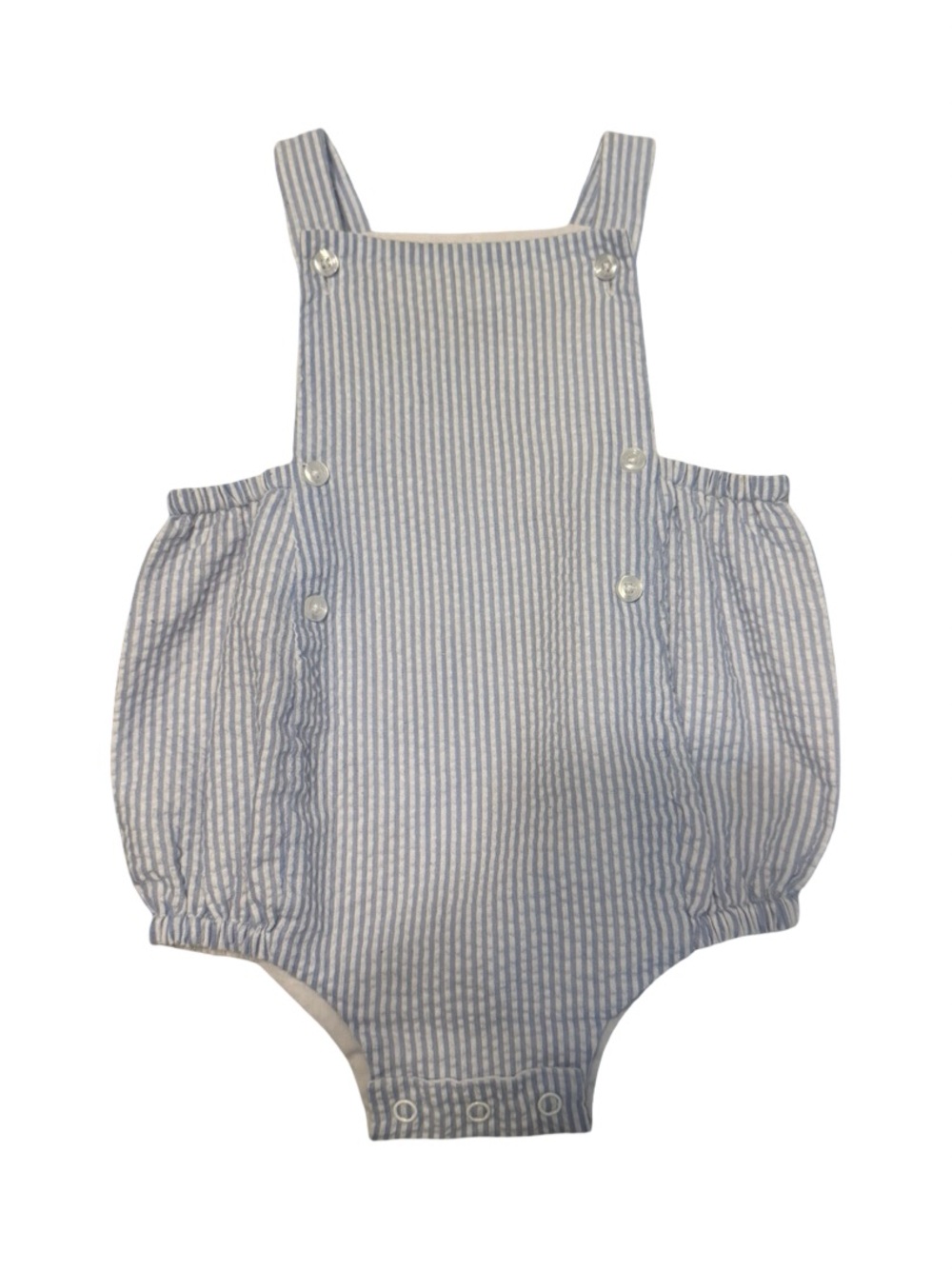 MudPie Boys Blue & White Seersucker Button Bubble Romper Size 6-9 Months